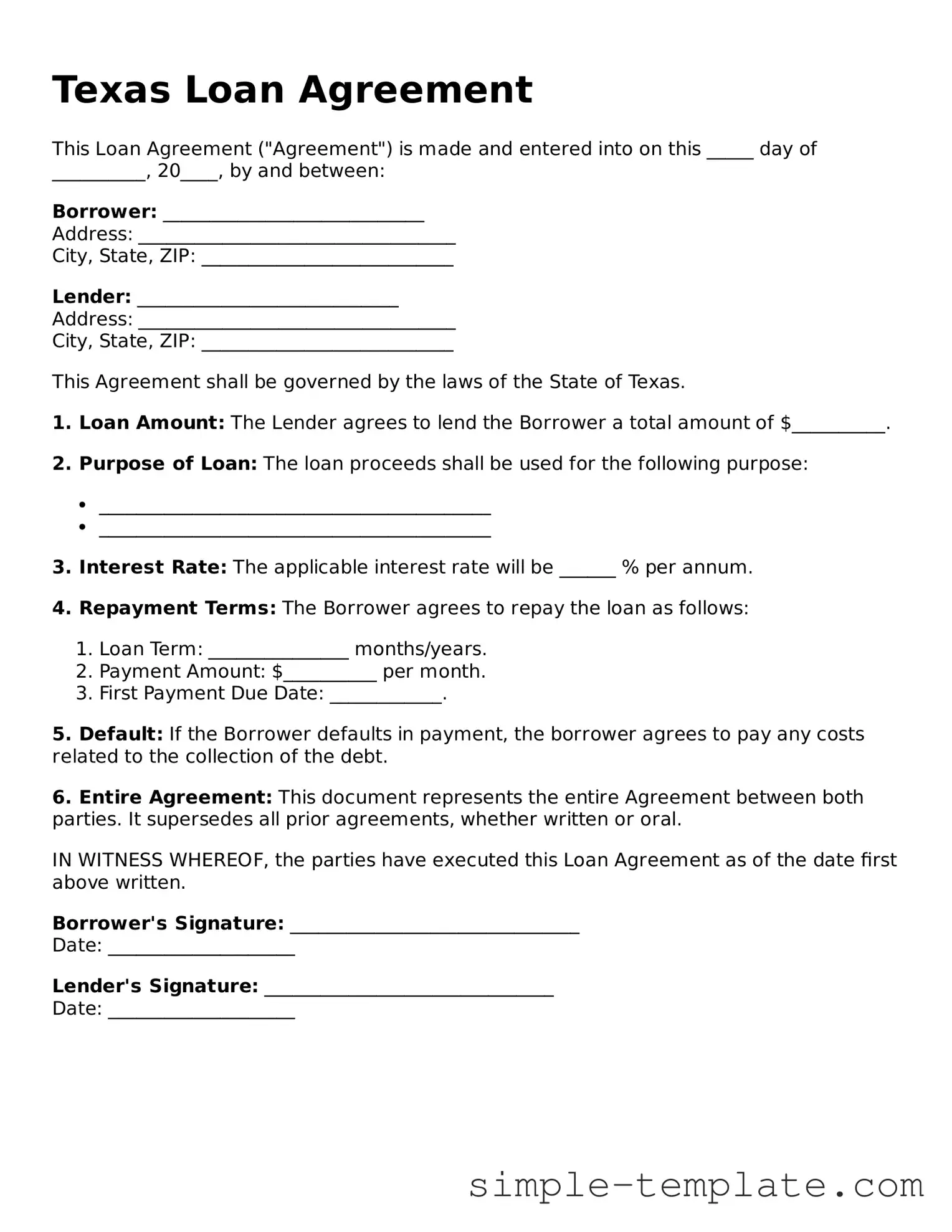 Printable Texas Loan Agreement Document