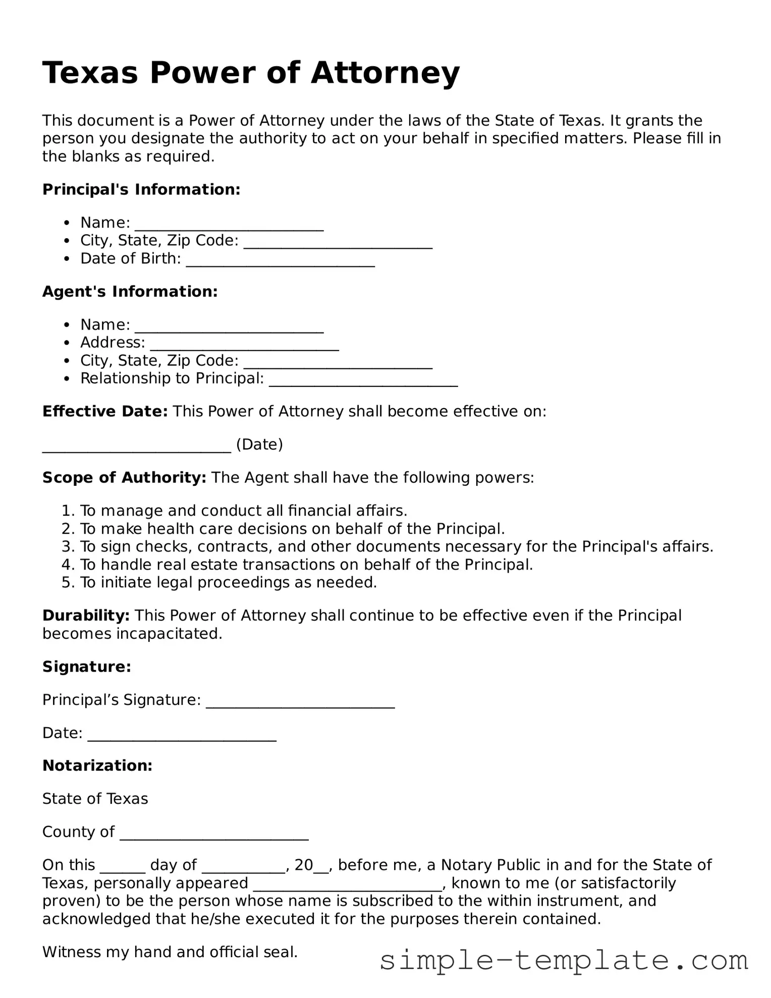 Printable Texas Power of Attorney Document