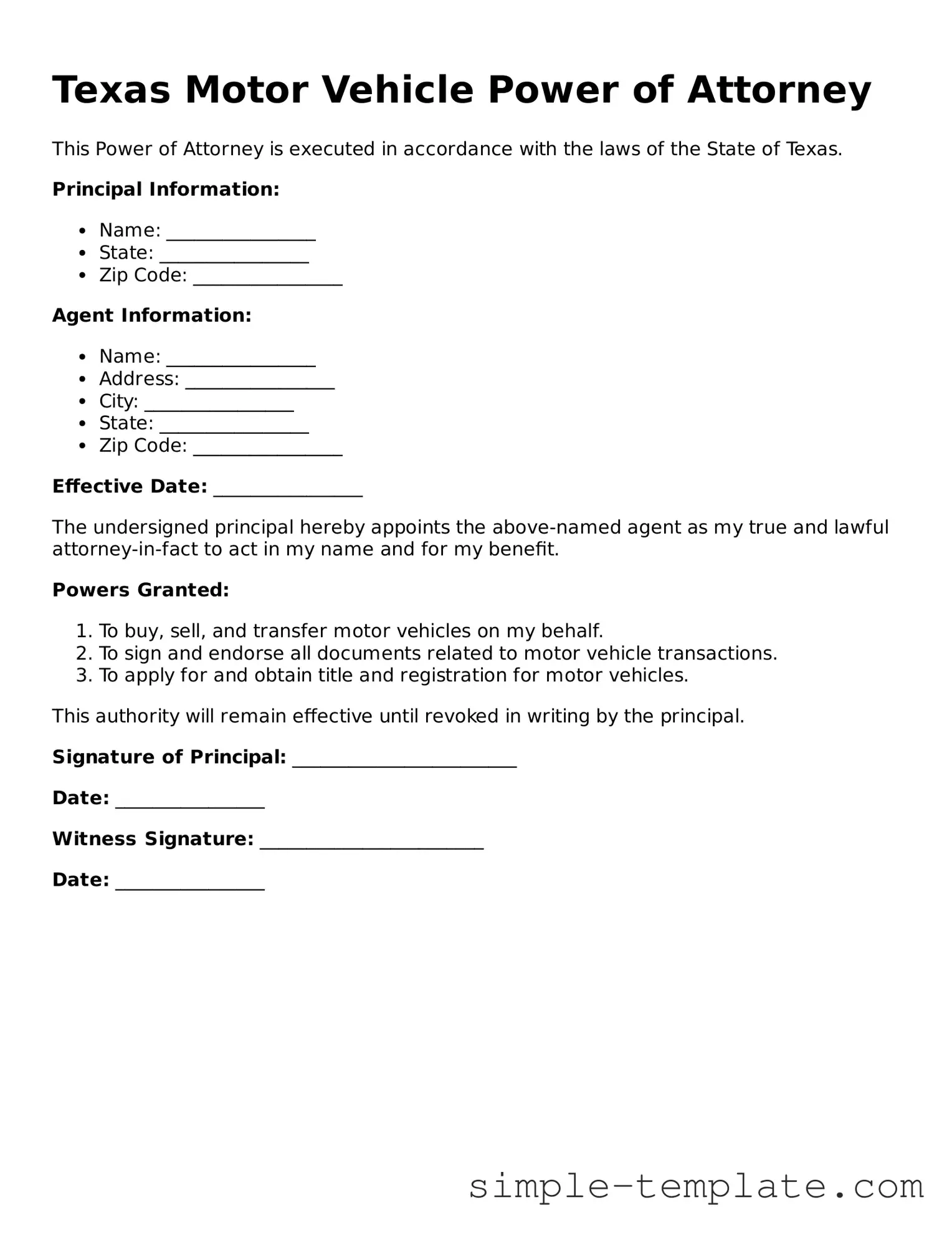Printable Texas Motor Vehicle Power of Attorney Document