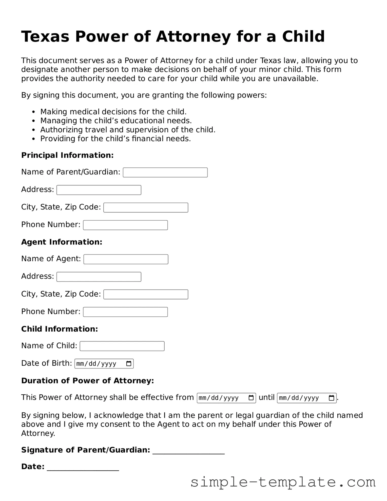 Printable Texas Power of Attorney for a Child Document