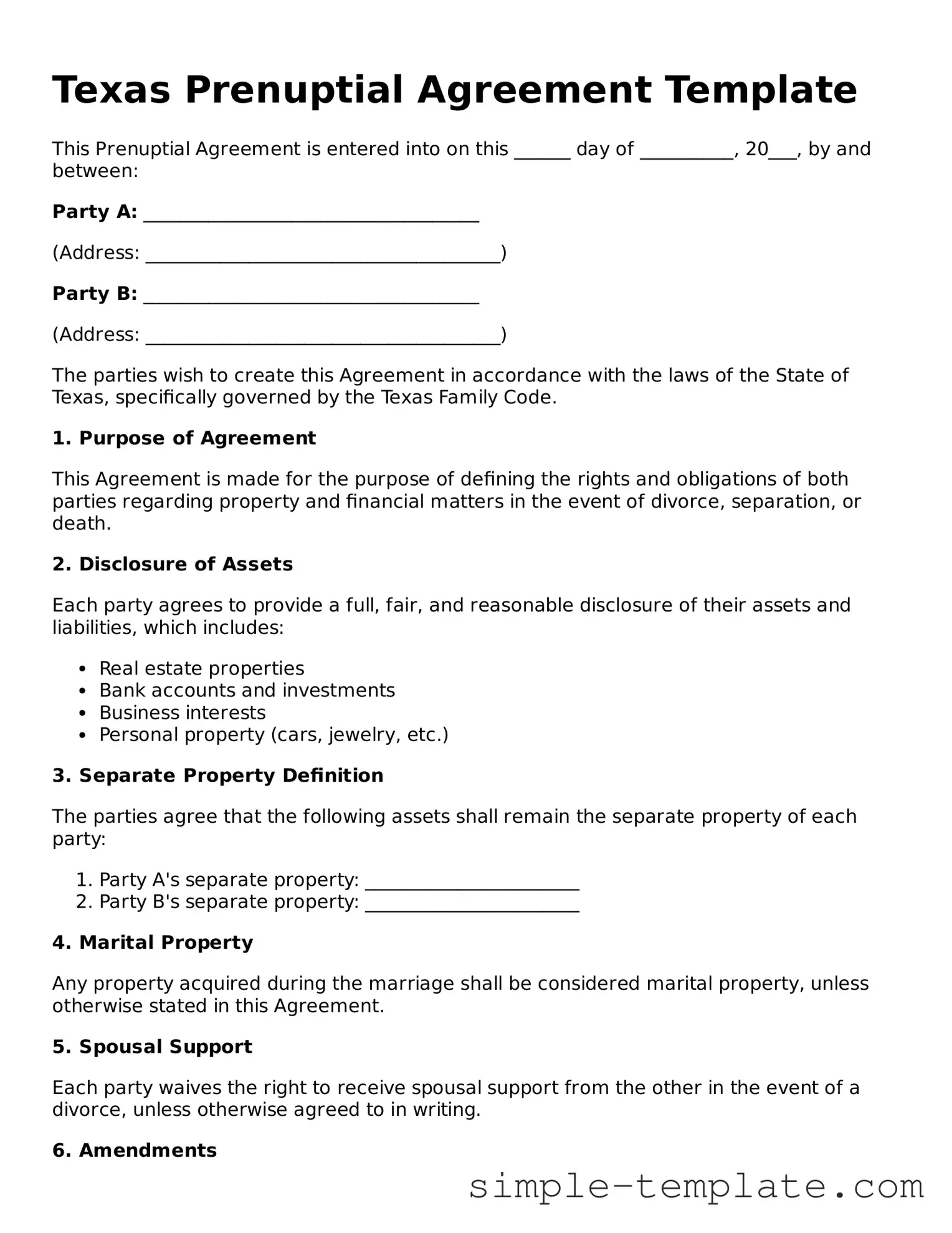 Printable Texas Prenuptial Agreement Document