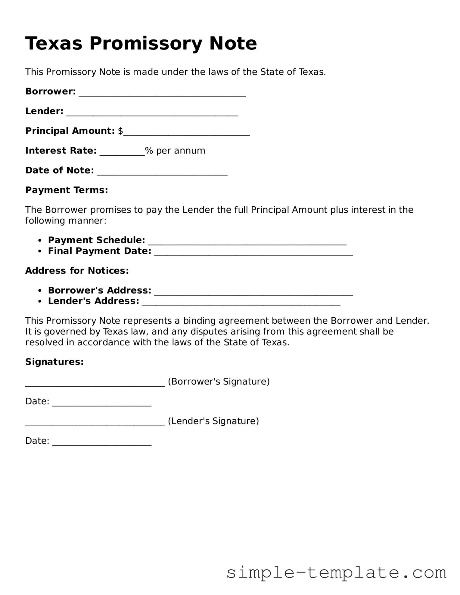 Printable Texas Promissory Note Document