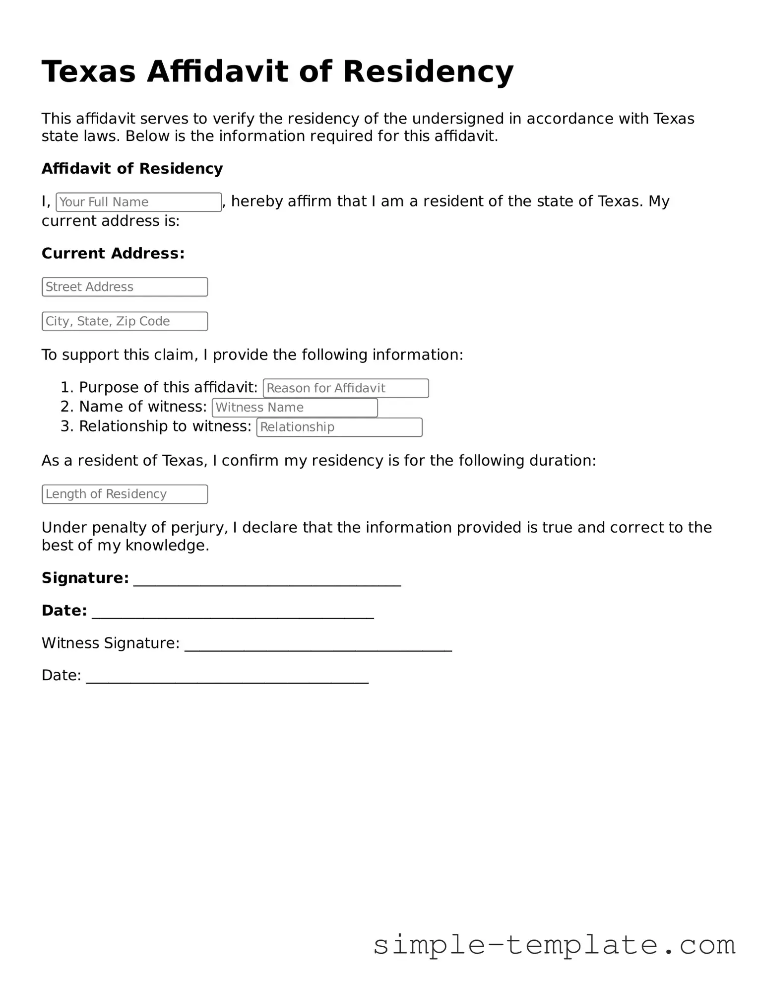 Printable Texas Affidavit of Residency Document