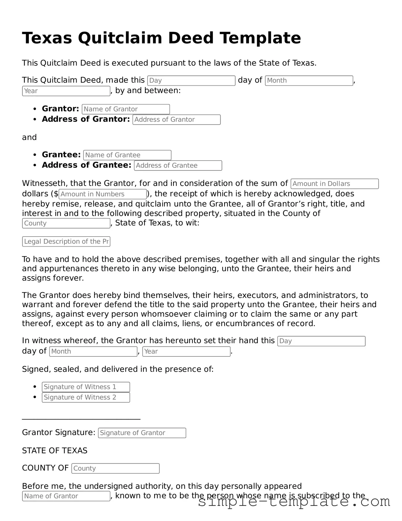 Printable Texas Quitclaim Deed Document