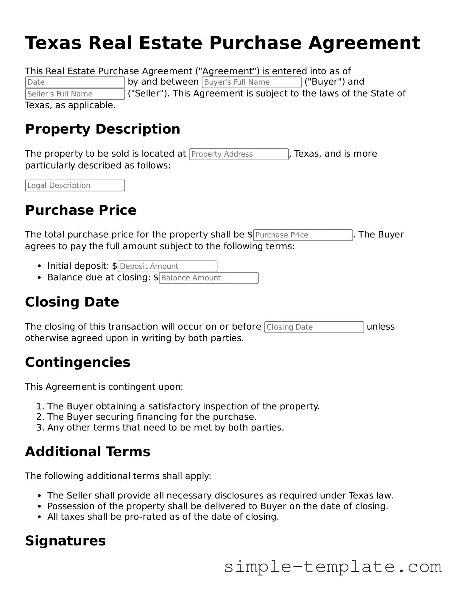 Printable Texas Real Estate Purchase Agreement Document