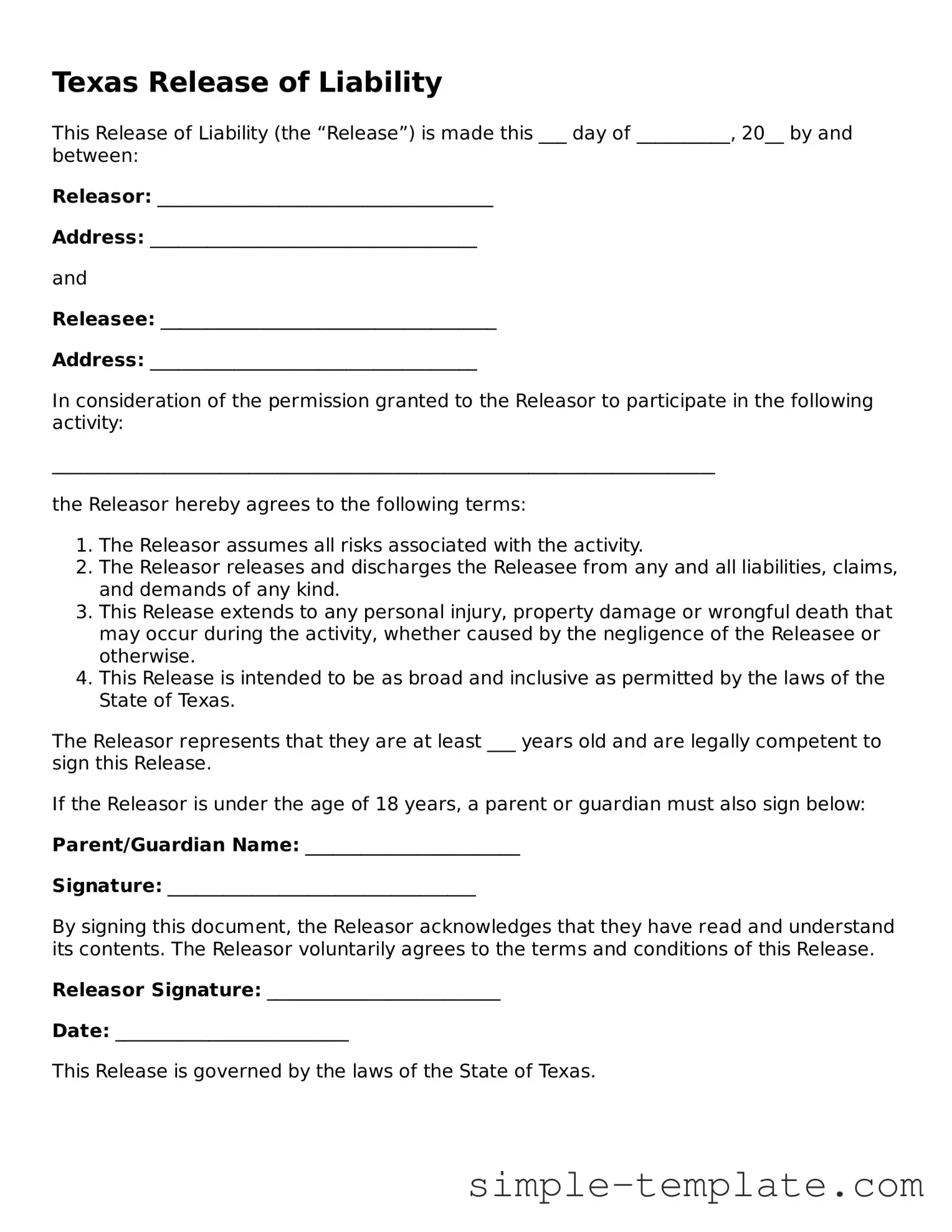 Printable Texas Release of Liability Document