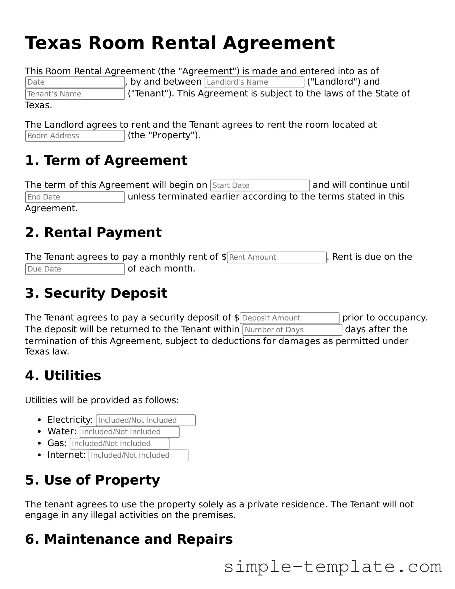 Printable Texas Room Rental Agreement Document