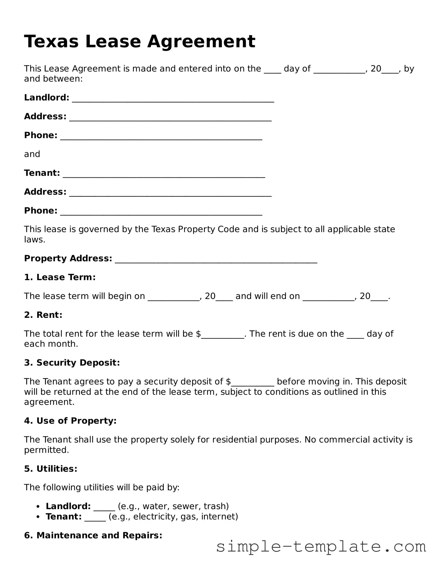 Printable Texas Lease Agreement Document
