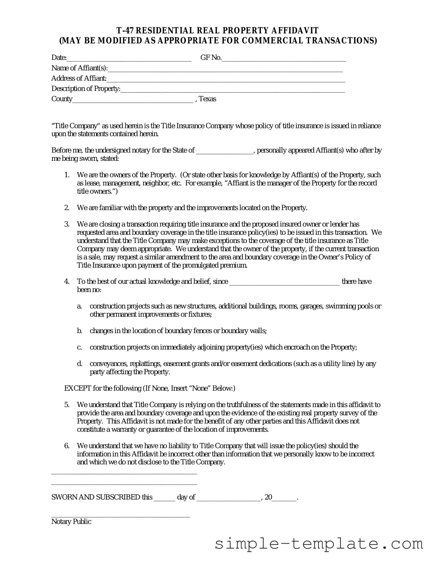 Free Texas residential property affidavit T-47 Form in PDF