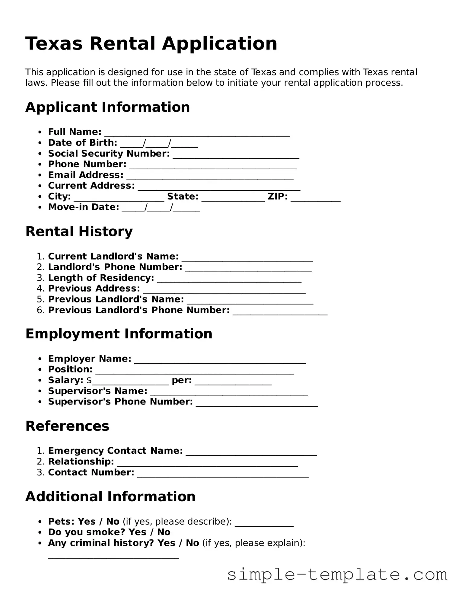Printable Texas Rental Application Document