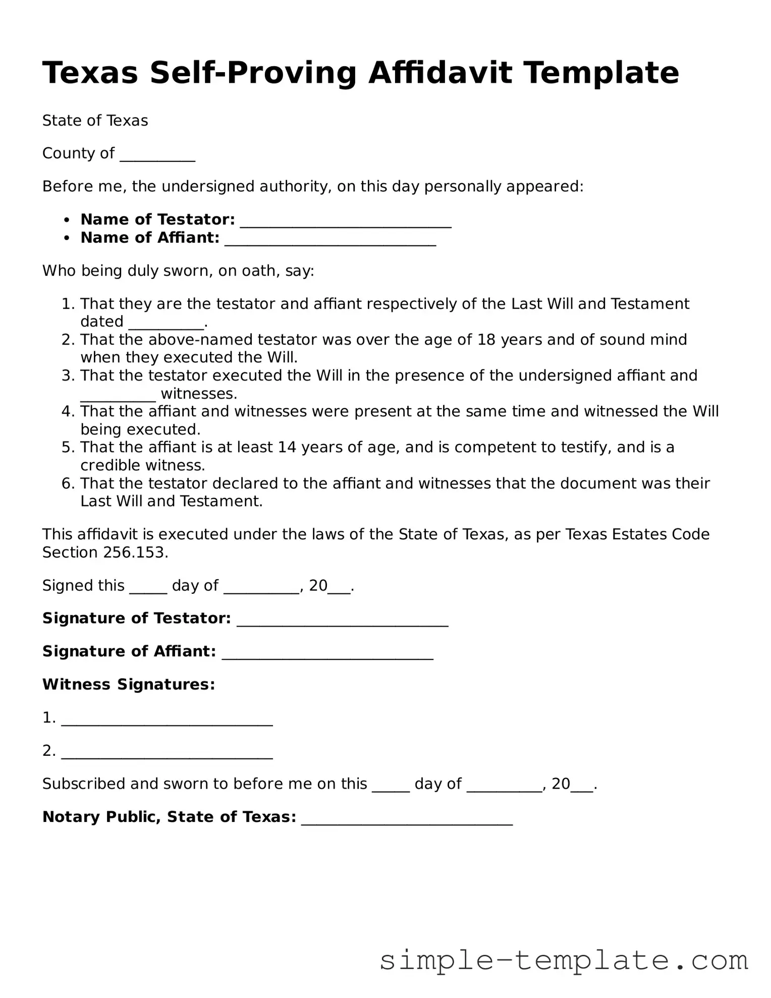 Printable Texas Self-Proving Affidavit Document