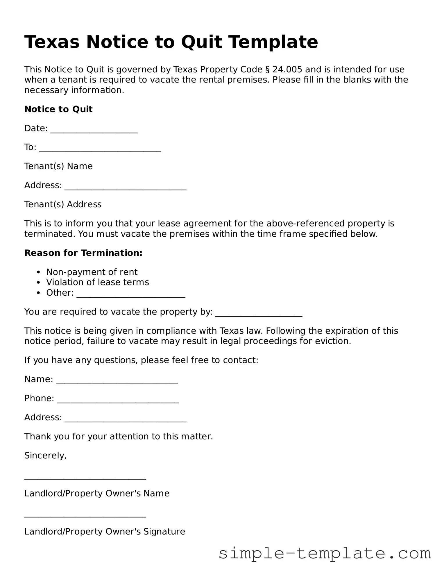 Printable Texas Notice to Quit Document