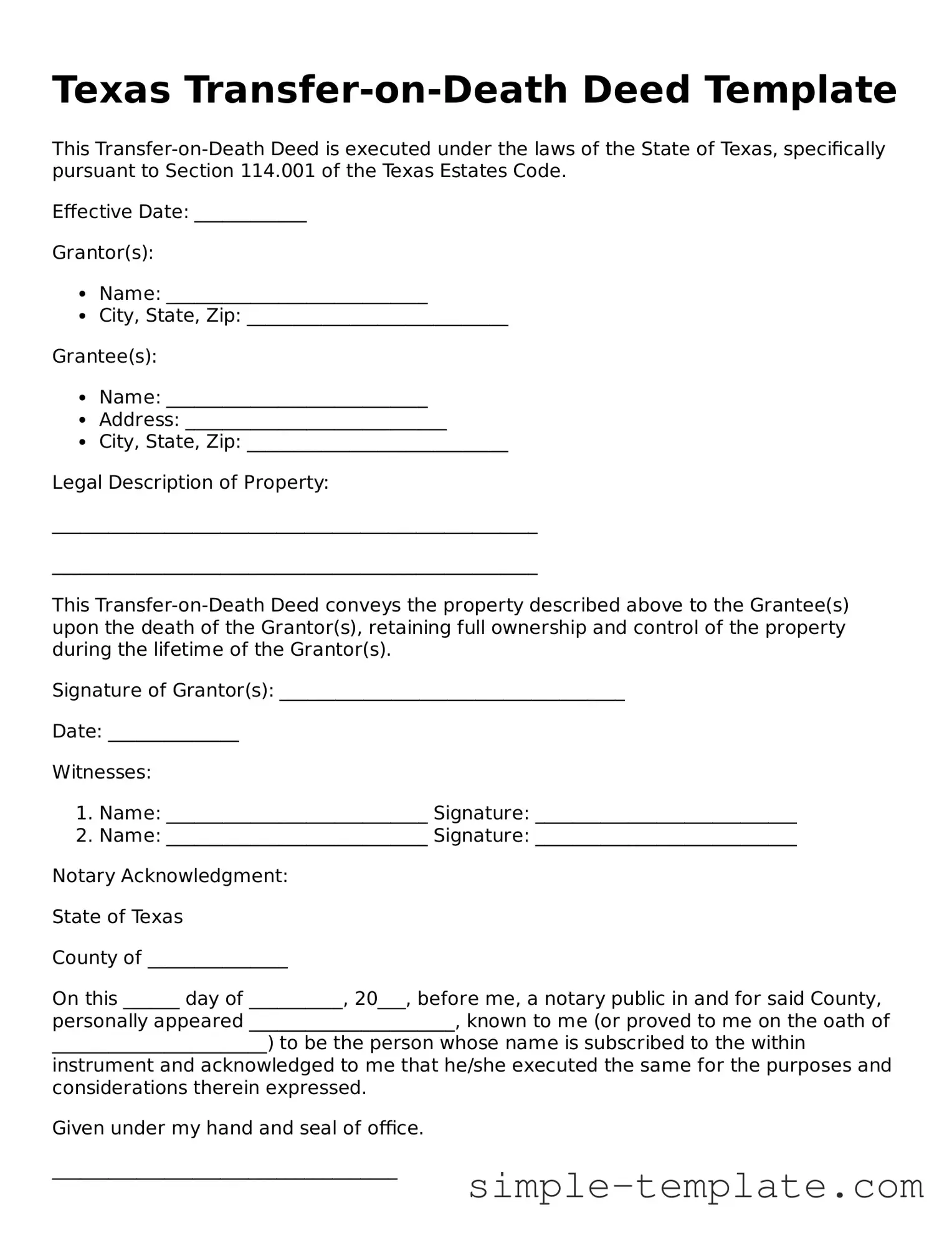 Printable Texas Transfer-on-Death Deed Document
