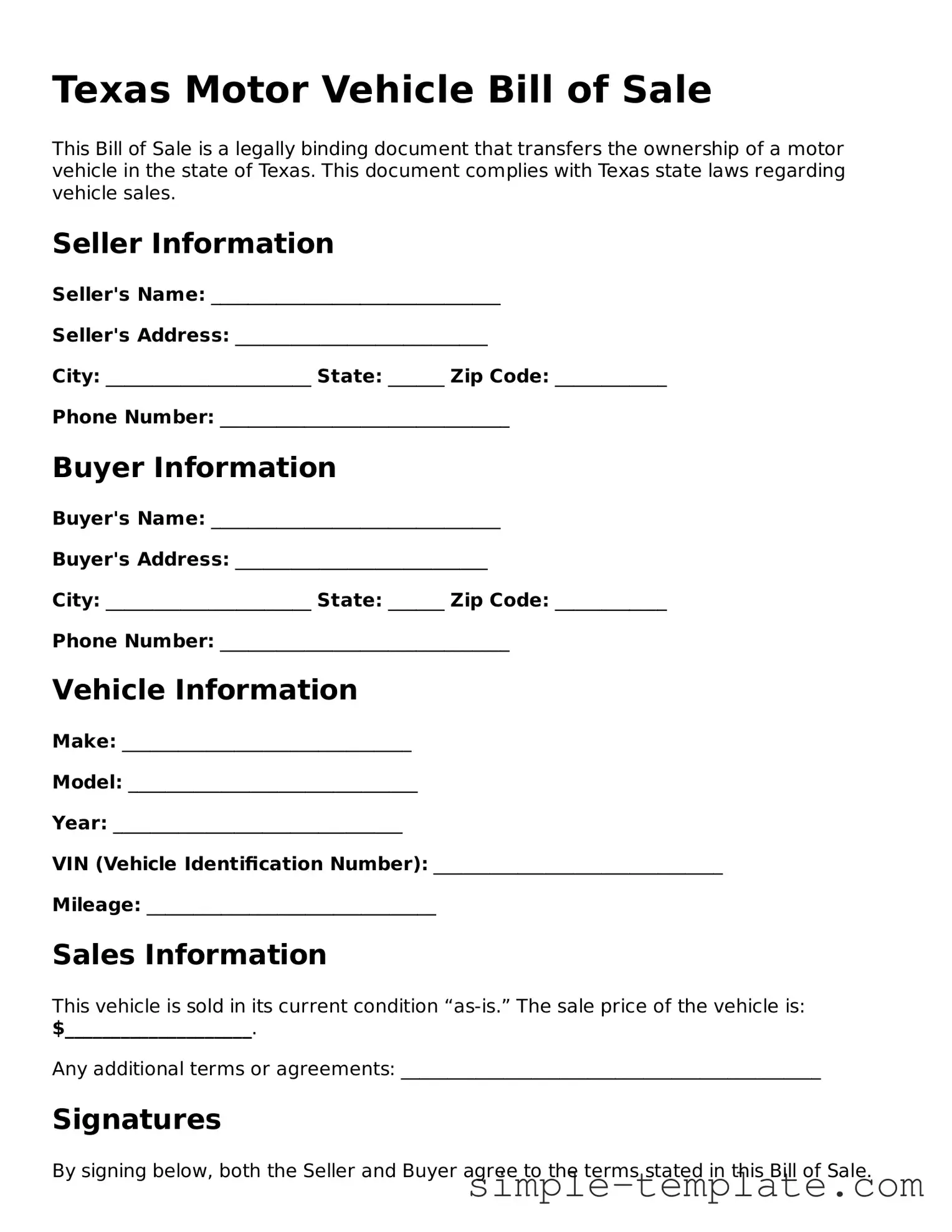 Printable Texas Motor Vehicle Bill of Sale Document