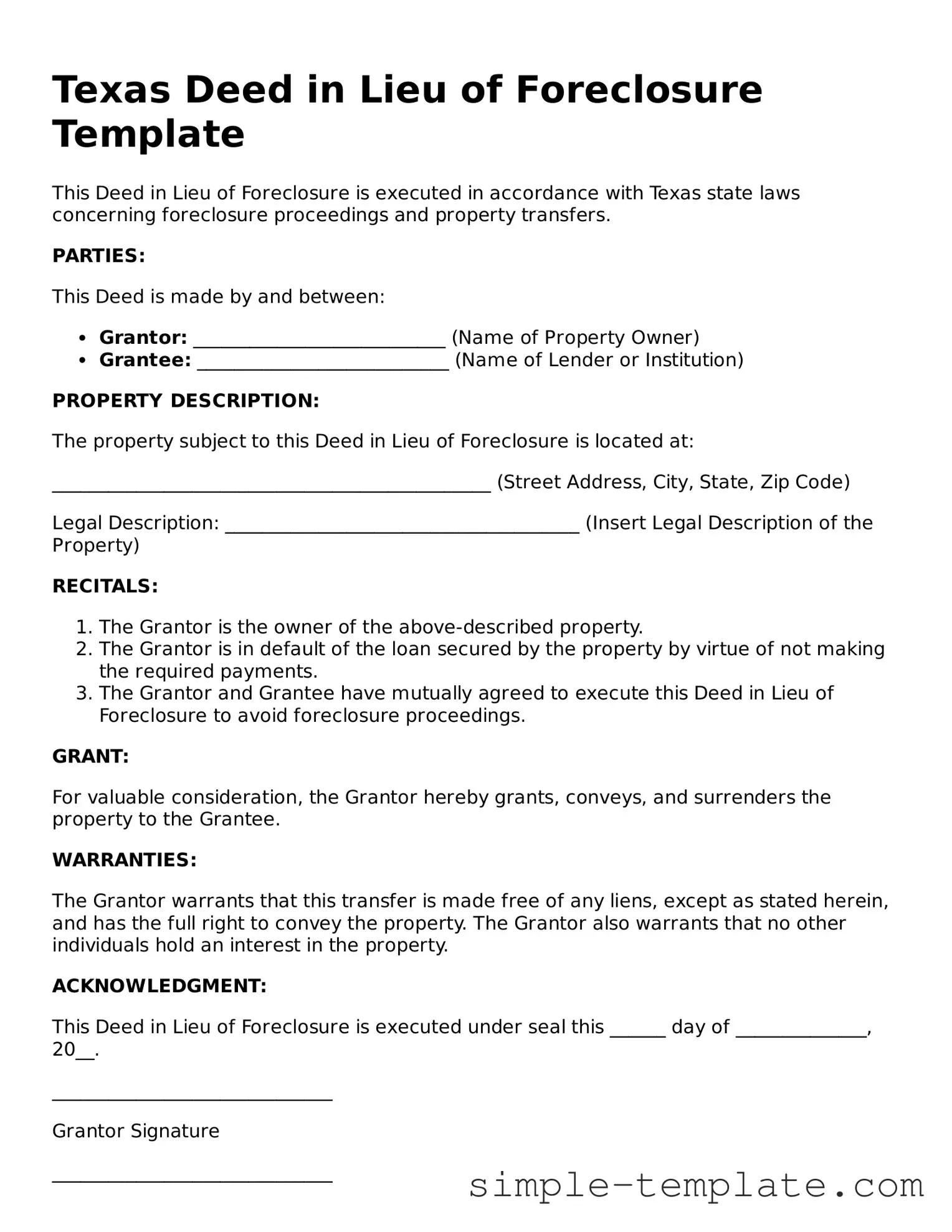 Printable Texas Deed in Lieu of Foreclosure Document