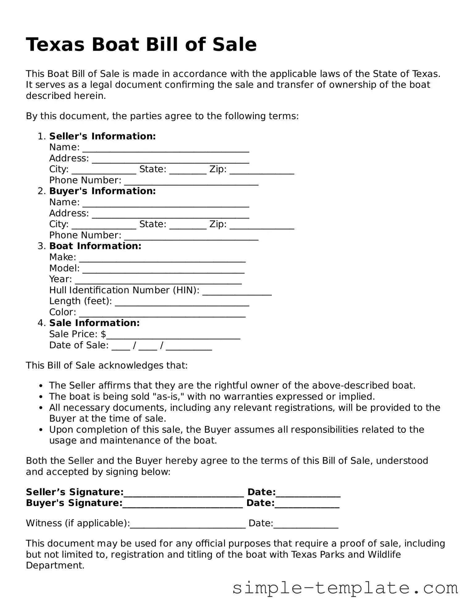 Printable Texas Boat Bill of Sale Document