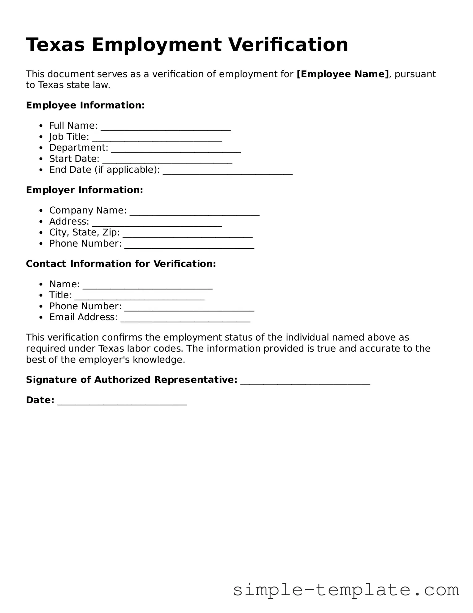 Printable Texas Employment Verification Document