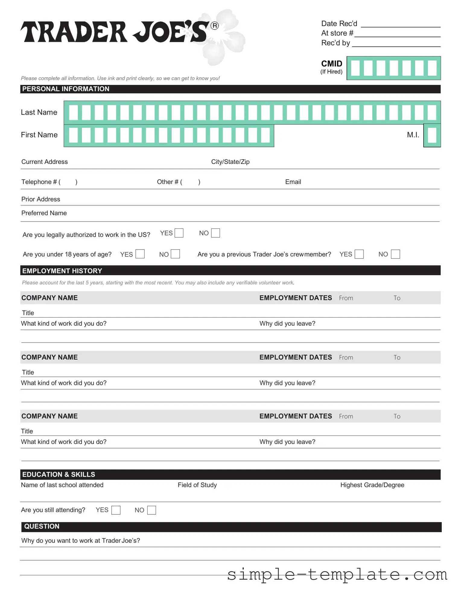 Free Trader Joe's application Form in PDF