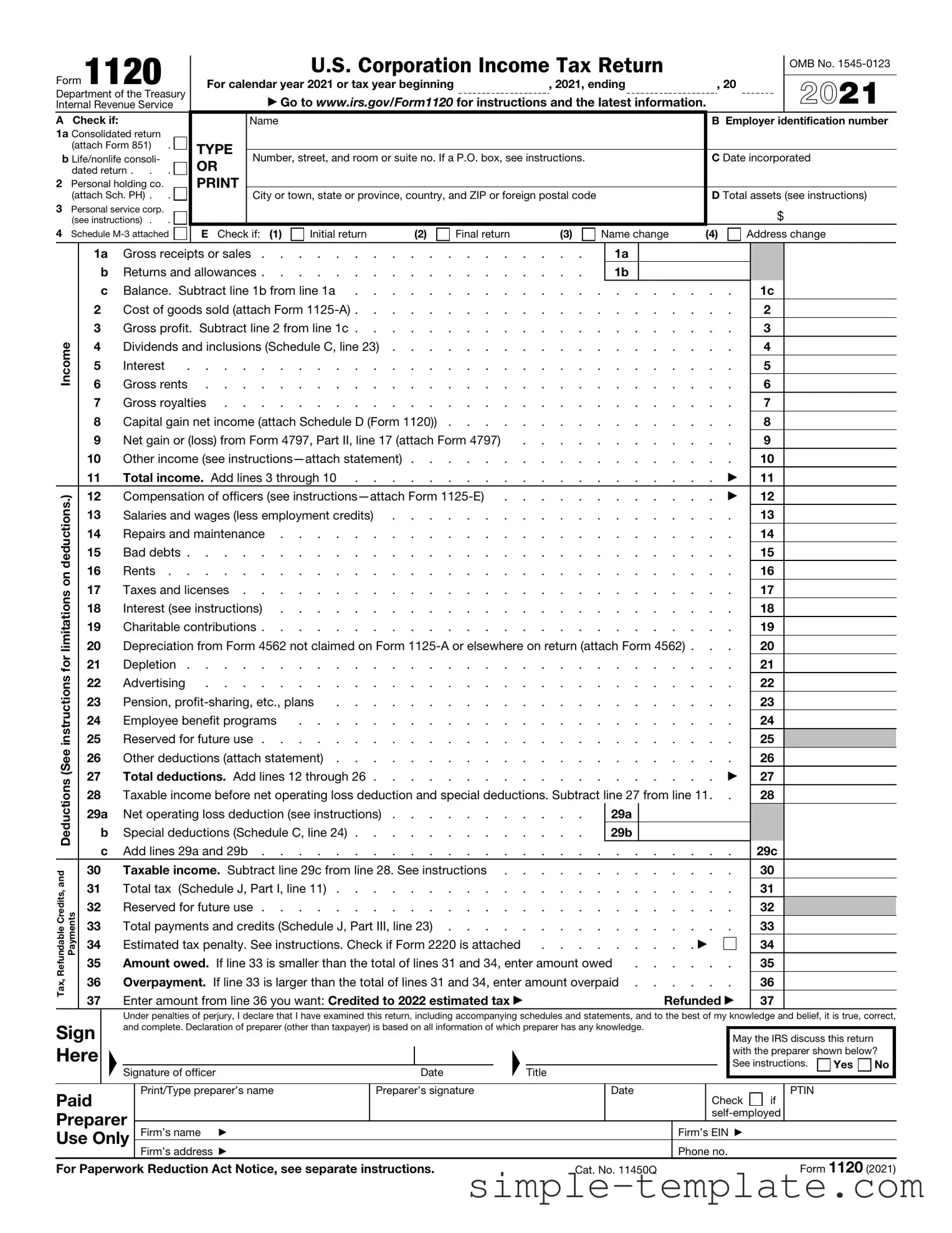 Free IRS 1120 Form in PDF