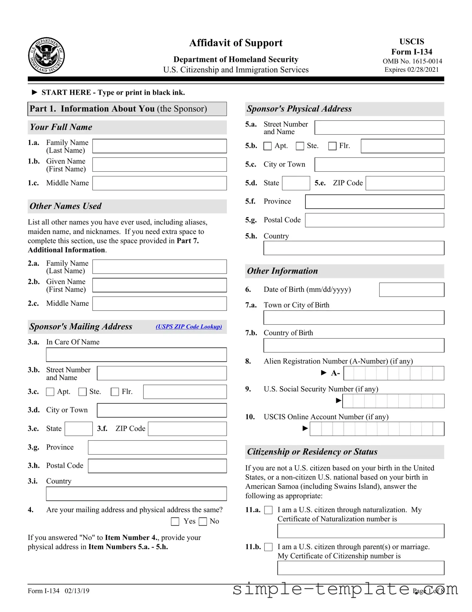 Free USCIS I-134 Form in PDF