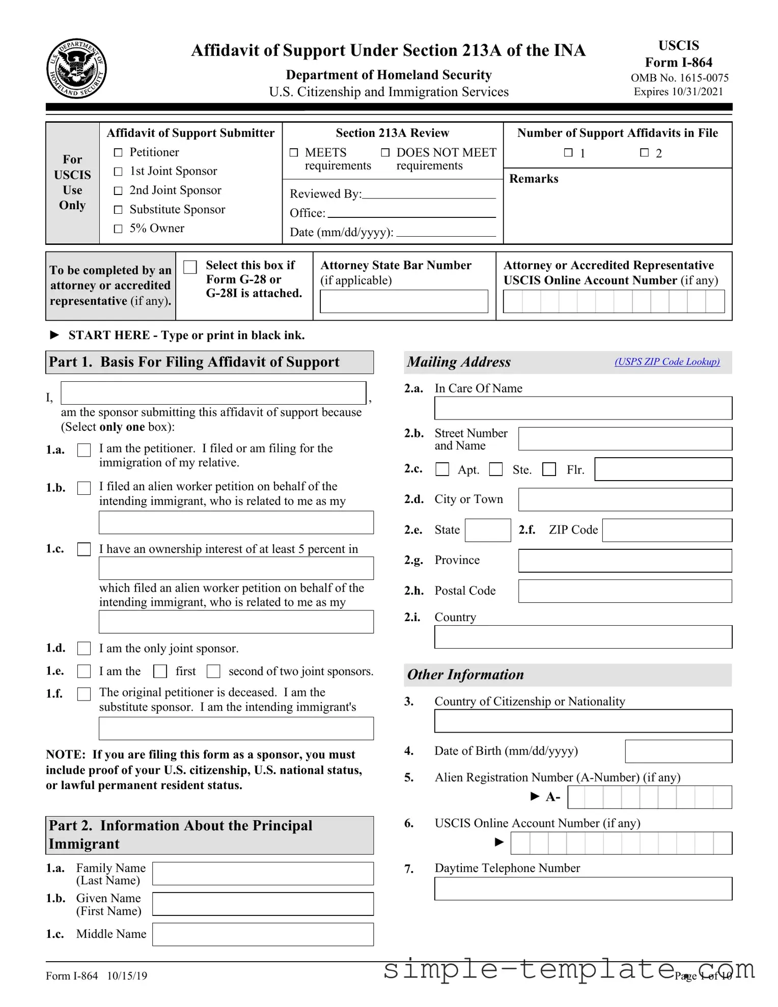 Free USCIS I-864 Form in PDF
