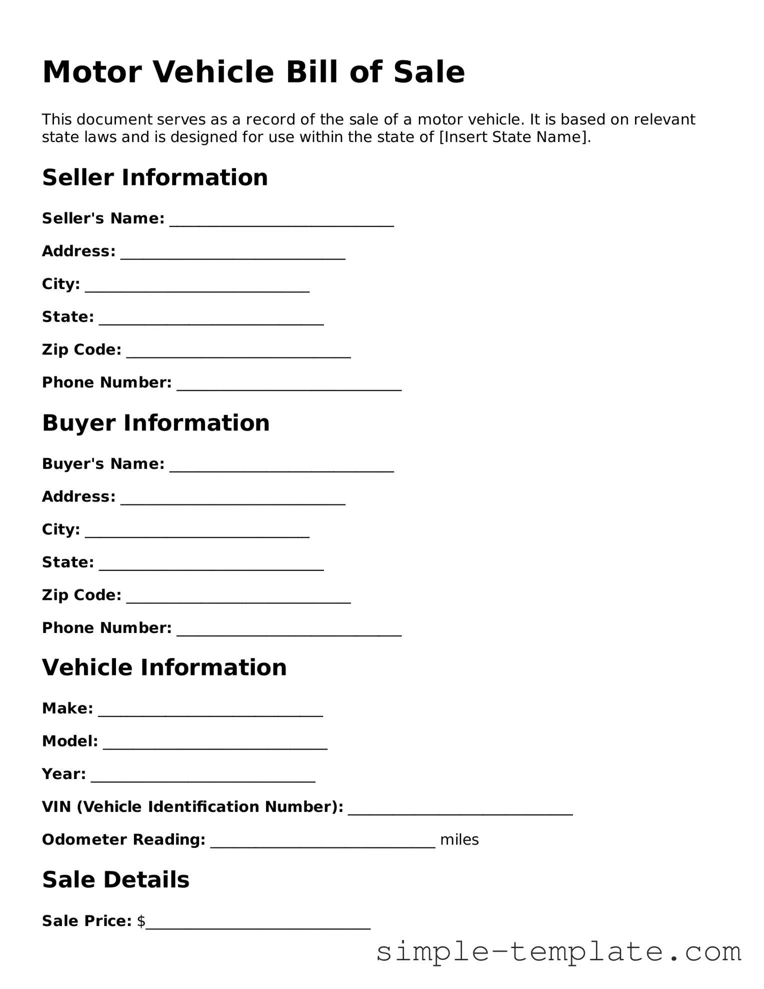 Motor Vehicle Bill of Sale Form
