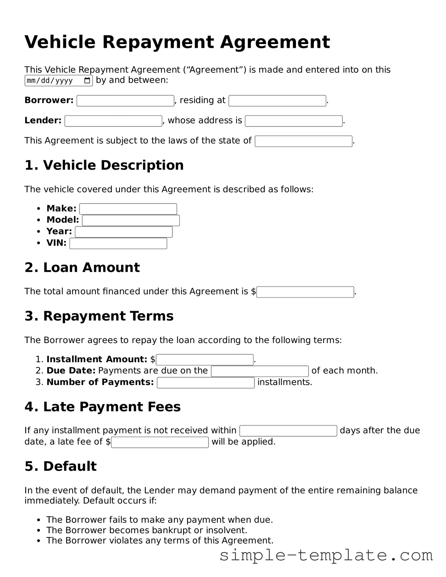 Vehicle Repayment Agreement Form