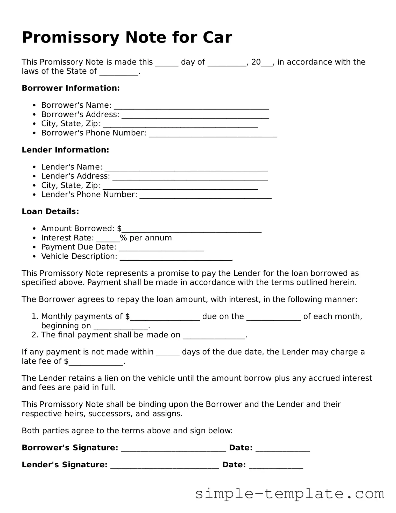 Promissory Note for a Car Form