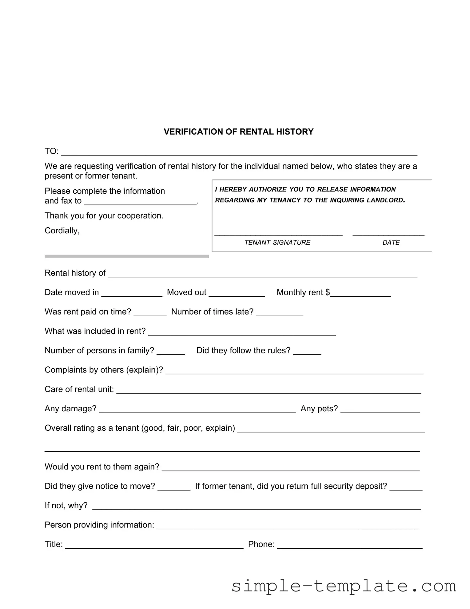 Free Verification Rental Form in PDF