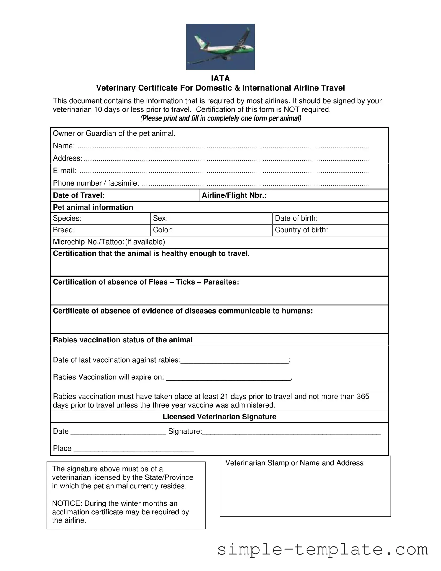 Free Veterinary Certificate Travel Form in PDF