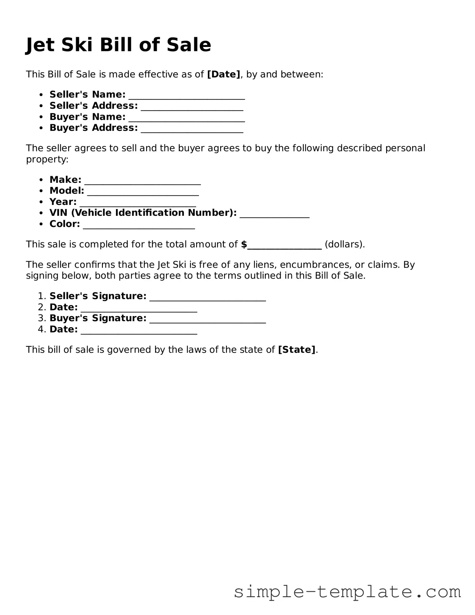 Jet Ski Bill of Sale Form