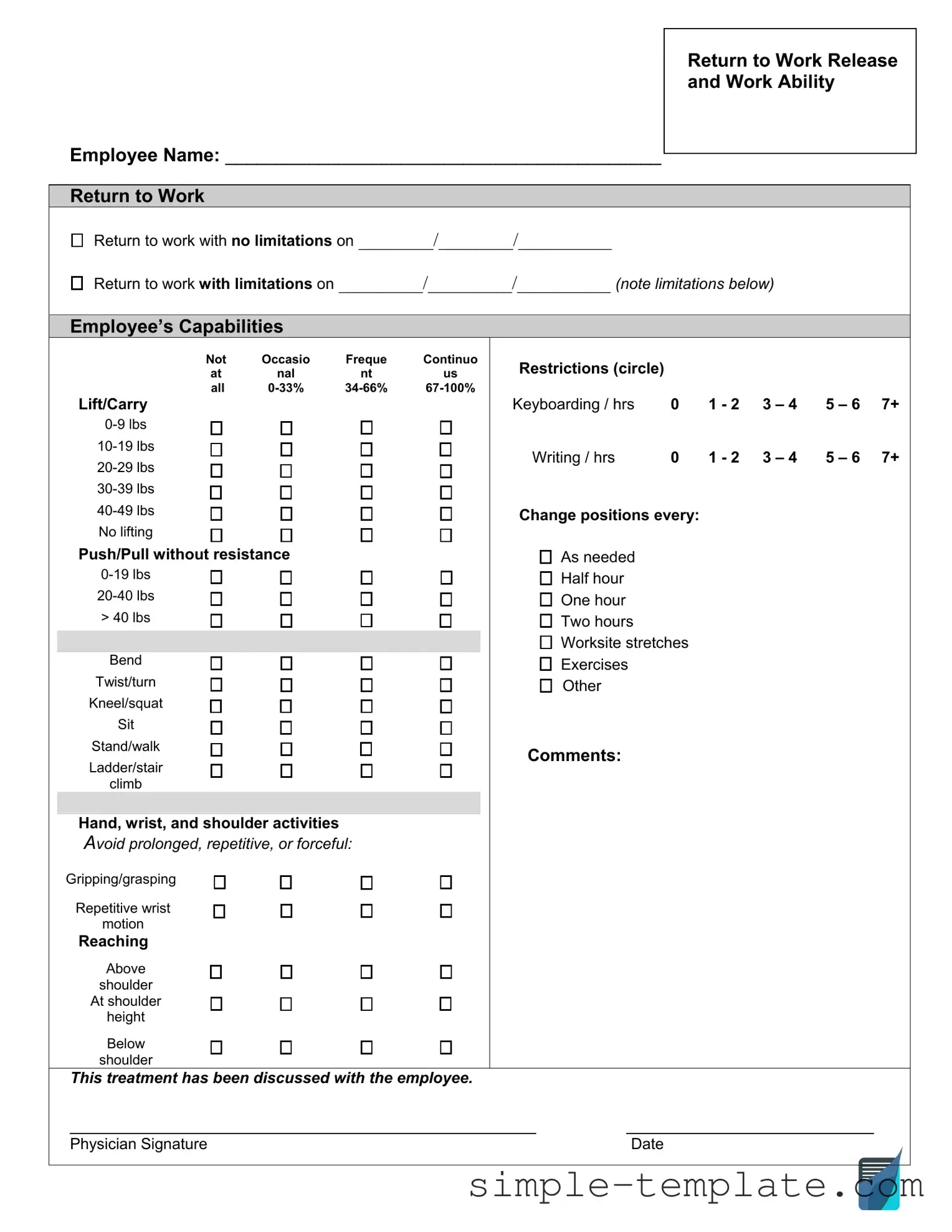 Free Work Release Form in PDF